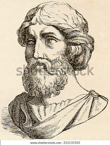 紀元前6世紀の数学者で哲学者の印刷版であるpythagorasは 紀元前569年生まれで イオニア イタリア のサモスで 紀元前475年頃に死んだ のイラスト素材
