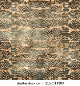 Python Snake Skin Pattern In Gold Metallic Foil On Green Distressed Texture Background