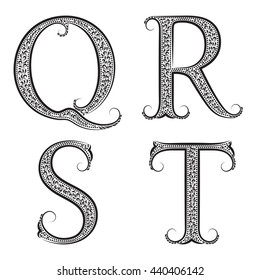 Q, R, S, T Vintage Patterned Letters. Bitmap Font In Floral Baroque Style.