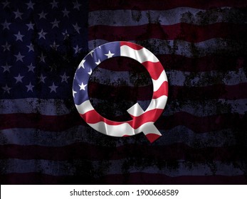 Qanon Initial Agaisnt A Faded Blue Grunge Flag Background. Deep State Conspiracy Concept.