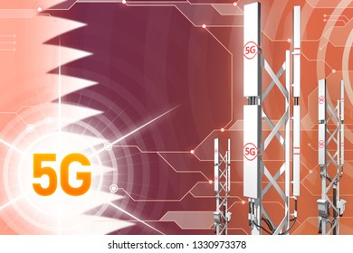 Qatar 5G Network Industrial Illustration, Huge Cellular Tower Or Mast On Hi-tech Background With The Flag - 3D Illustration