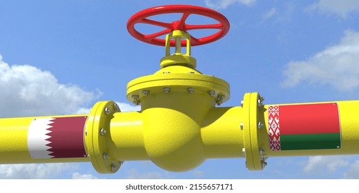 Qatar Belarus Oil Or Gas Transportation Concept, Pipe With Valve.  3D Rendering