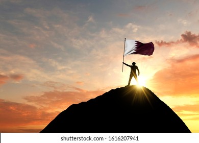 Qatar Flag Being Waved At The Top Of A Mountain Summit. 3D Rendering