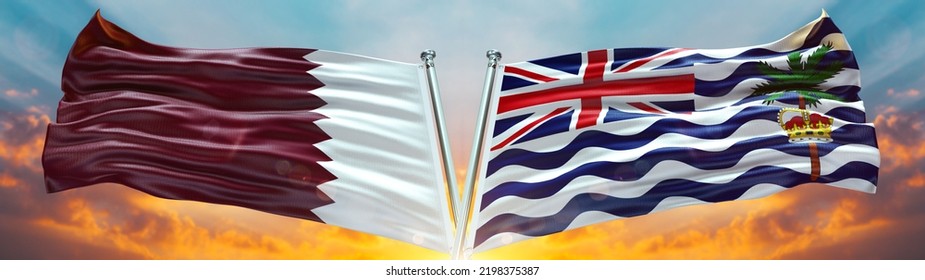 Qatar Flag And British Indian Ocean Territory Flag Waving With Texture Sky Clouds And Sunset Double Flag - 3D Illustration - 3D Rende