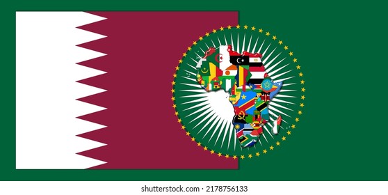 Qatar Flag With Map And Flags Of The African World -3D Illustration