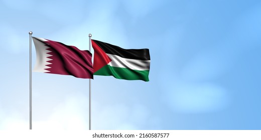 Qatar Flag With Palestine Flag, With Cloudy Sky In The Background, Qatar Relationship, 3d Illustration