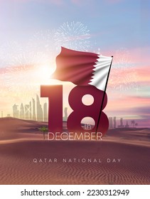 Qatar National Day  3d rendering the flags against the sunset   desert 