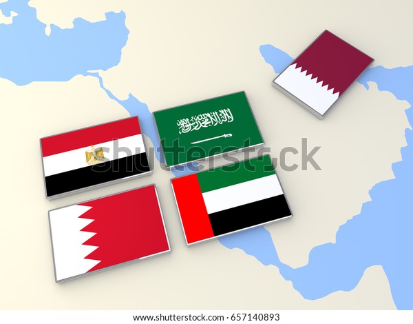 カタールとサウジアラビア エジプト アラブ首長国連邦 バーレーンの国旗との政治的な対立 3dイラスト のイラスト素材
