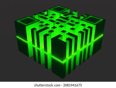 QR Code Is Green. Volumetric Matrix Code With Neon Glow. QR Key For Reading. Concept Is Visual Reference For Transaction Or Authorization. Quick Response Code. Identification Key. 3d Rendering.