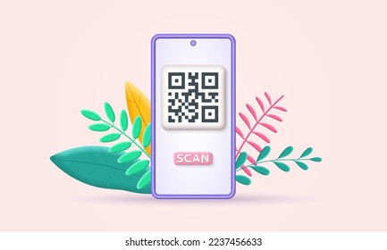Qr code on the smartphone screen. Qr scan 3d icon. Payment with mobile phone concept. 