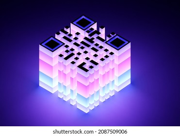 QR Code Is Purple. Volumetric Matrix Label With Neon Glow. QR Code For Reading. Quick Response Code. Identification Key. Concept - Visual Reference For Transaction Or Authorization. 3d Image.