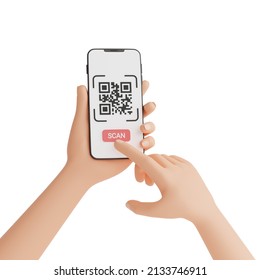 Qr code scan concept - human hand holding mobile phone with barcode scanning process 3d render illustration. Smartphone with digital electronic system app of matrix reader