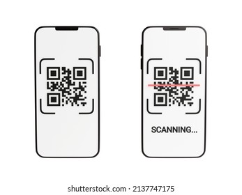 Qr code scan concept - mobile phone with barcode scanning process 3d render illustration. Smartphone with digital electronic system app of matrix reader for contactless payment or money transfer.
