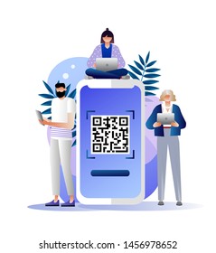 QR code scanning illustration concept, people use smartphone and scan QR code for payment and everything, can use for landing page template, ui, web, mobile app, poster, banner, flyer 