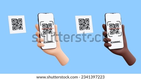 QR code scanning and reading 3d render illustration. Hand holding mobile phone with barcode on screen. Cashless payment or downloading information concept - smartphone with qrcode. 3D Illustration