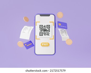 QR code scanning via mobile phone with bill coin floating on purple background. pay money or online payment, shopping special concept. digital transaction financial. Minimal cartoon. 3d rendering