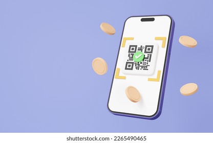 QR code scanning via mobile phone correct mark finish with coins floating on purple background. pay money or online payment, shopping special concept. digital transaction financial. 3d render