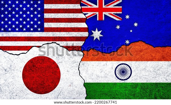 Quad members USA, Japan, India and Australia\
flags together. Quadrilateral Security Dialogue members. Japan USA\
Australia India\
alliance