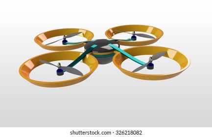 Quadcopter 3d Model Isolated On White. A Multicopter Multirotor Design.
The Blades Are Black The Arms Blue And The Body Orange. There Is A Camera Uo The Bottom Side Covered With Black Galss