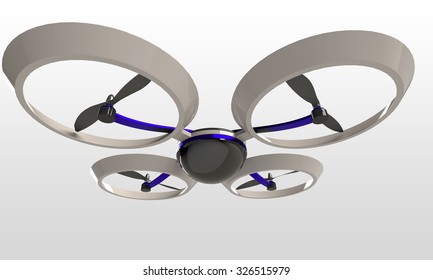 Quadcopter 3d Model Isolated On White. A Multicopter Multirotor Design.
The Blades Are Black The Arms Blue And The Body White. There Is A Camera Uo The Bottom Side Covered With Black Galss