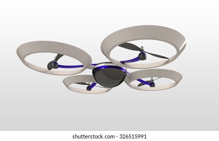 Quadcopter 3d Model Isolated On White. A Multicopter Multirotor Design.
The Blades Are Black The Arms Blue And The Body White. There Is A Camera Uo The Bottom Side Covered With Black Galss