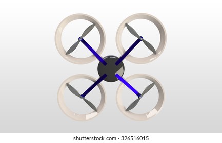 Quadcopter 3d Model Isolated On White. A Multicopter Multirotor Design.
The Blades Are Black The Arms Blue And The Body White. There Is A Camera Uo The Bottom Side Covered With Black Galss