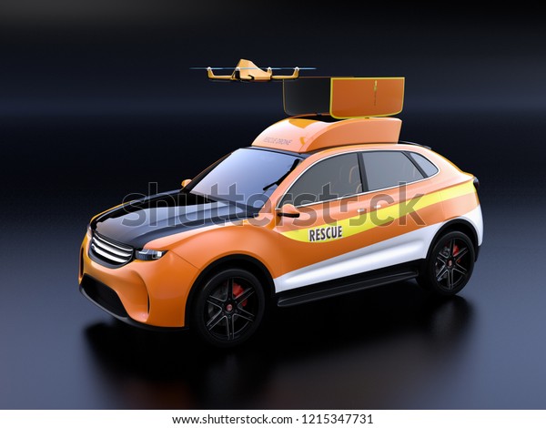 Quadcopter drone take off from orange\
electric rescue SUV on black background. 3D rendering\
image.