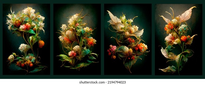 A quadriptych beautiful dried flowers green background  3d rendering