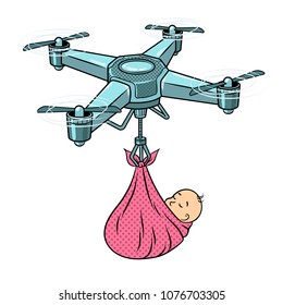 Quadrocopter drone carries newborn baby as stork pop art retro raster illustration. Isolated image on white background. Comic book style imitation.