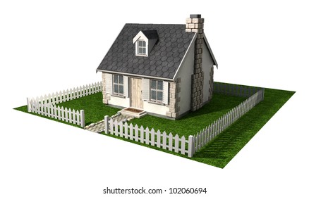 A quaint little stone cottage with a brick chimney and wooden shutters on the windows located on a square piece of garden surrounded by a white picket fence