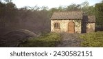 A quaint stone cottage with a wooden door, nestled amidst lush greenery, beside a stone path leading to an arched bridge in a serene landscape. Photorealistic 3D illustration.