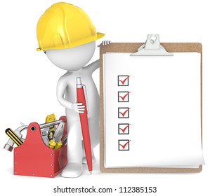 Quality. 3D little human character the Builder holding a clipboard and pen. People series.