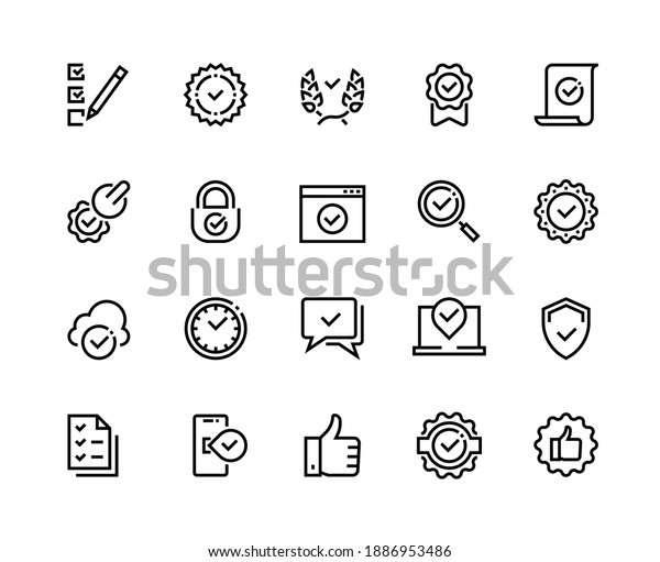 Quality control line icons. Check mark and approve\
certificate outline symbols, confirmation and quality guaranteed \
sign set. Technological line check and certificate of conformity\
stamp