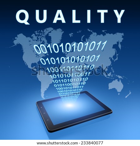 Quality illustration with tablet computer on blue background