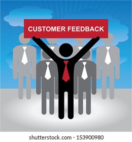 Quality Management Systems, Quality Assurance And Quality Control Concept Present By Group Of Businessman With Red Customer Feedback Sign On Hand In Blue Sky Background