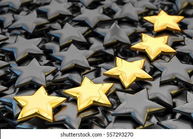 Qualitätsbewertung, Leistungsbewertung, Ranking, Bewertung und Klassifizierung, fünf goldene Sterne-Formen auf schwarzem Hintergrund, 3D-Illustration