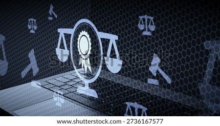 Quality standards law and certification concept. Scales of justice with award ribbon seal icon on laptop.
