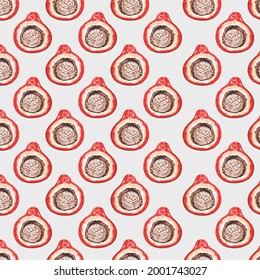 Quandong Fruit Australian Bush Tucker, Wild Food. Red Flesh With Large Brown Nut. Seamless Repeat Pattern. Pretty, Popular Cooking Ingredient For Fresh Fruit Salads. Found Only In Outback Australia