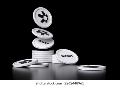 Quant Network Qnt tokens in motion forming a stack. Design suitable for illustrating cryptocurrency concepts for news and advertisements. High quality 3D rendering. - Shutterstock ID 2262448961