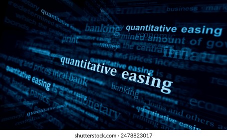 Quantitative easing central bank monetary policy headline news across international media. Abstract concept of news titles on noise displays. TV glitch effect 3d illustration.