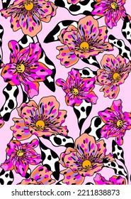 Quantity Pattern Work Consisting Of Pink, Orange, Purple Flowers And A Cow Pattern