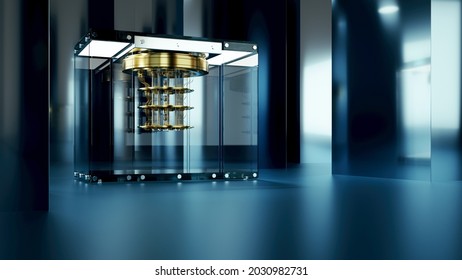 Quantum Computer In An Abstract Blue Room 3d Render