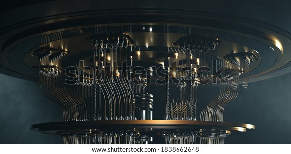 quantum\
computer close up in light rays 3d\
render