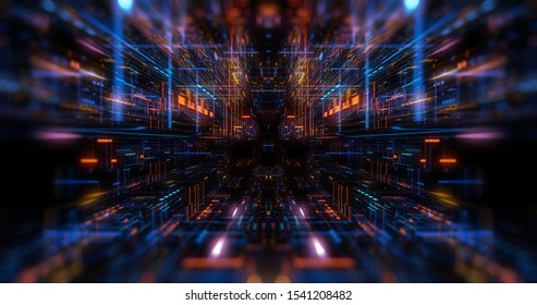 Quantum Computer Environment With Digital Technology, Processing Unit Of An Advanced Artificial Intelligence. Flight Through Flow Of Digital Information Tunnel / Cloud Computing. 3D Rendering