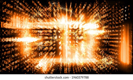 Quantum computer futuristic abstract laser on the right relation power block chain and matrix alphabet dimension vertical on black background