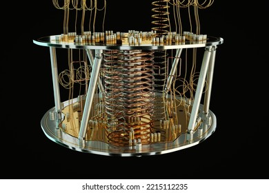 Quantum Computer Isolated On Black. Golden Gear, Quantum Computing, Quantum Cryptography, Steampunk, Q Bits, Parallel Computing. 3D Illustration, 3D Render