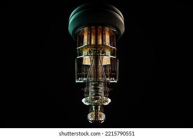 Quantum Computer Isolated On Black. Golden Gear, Quantum Computing, Quantum Cryptography, Steampunk, Q Bits, Parallel Computing. 3D Illustration, 3D Render