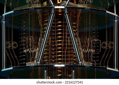 Quantum Computer Isolated On Black. Golden Gear, Quantum Computing, Quantum Cryptography, Steampunk, Q Bits, Parallel Computing. 3D Illustration, 3D Render