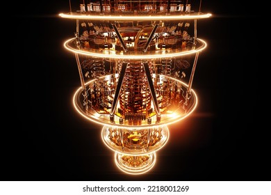 Quantum Computer Isolated On Black. Golden Gear, Quantum Computing, Quantum Cryptography, Steampunk, Q Bits, Parallel Computing. 3D Illustration, 3D Render