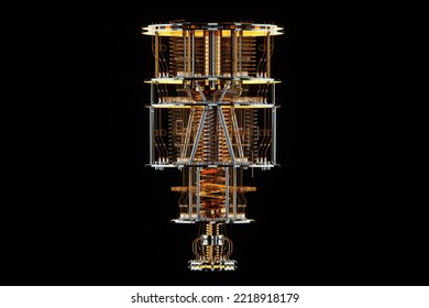 Quantum Computer Isolated On Black. Golden Gear, Quantum Computing, Quantum Cryptography, Steampunk, Q Bits, Parallel Computing. 3D Illustration, 3D Render